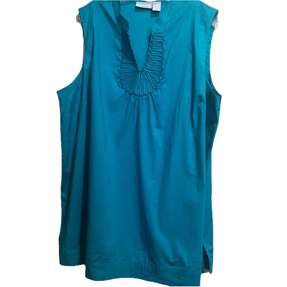 Liz & Me Women's 2X Turquoise Decorative V-Neck Sleeveless Banded Collar Tunic